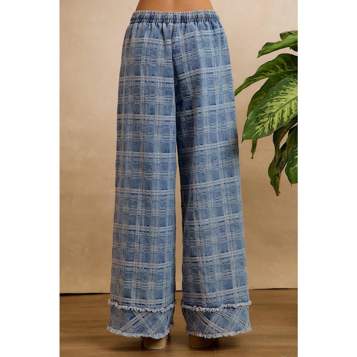 Washed Demin Plaid Wide Leg Jeans