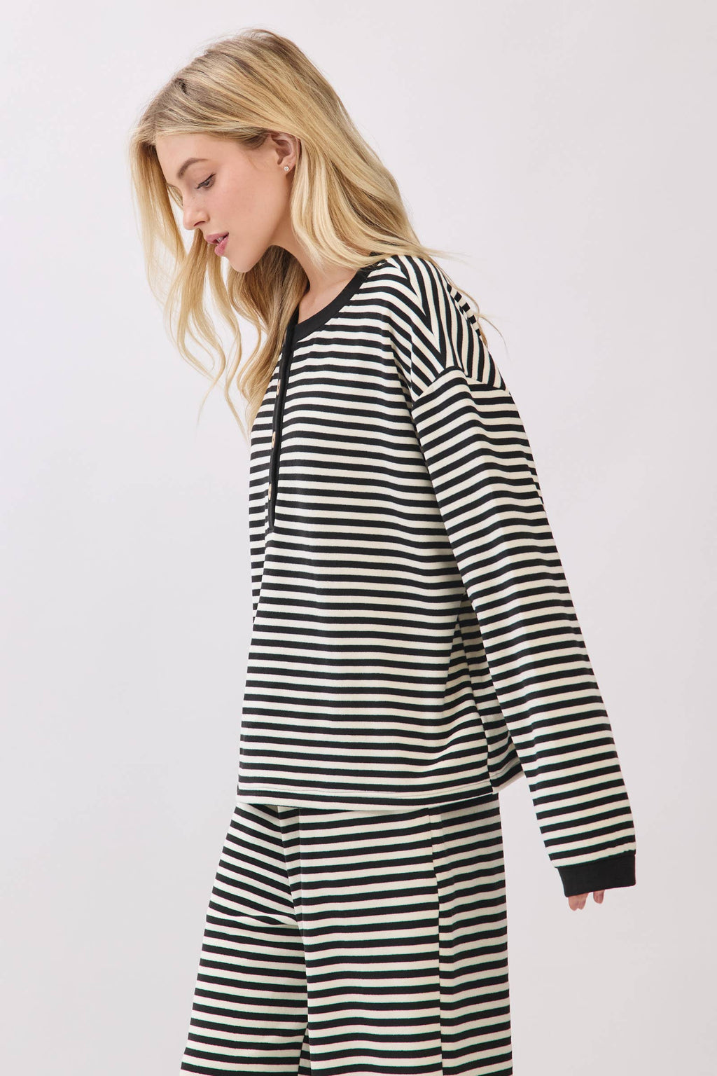 Black & White Striped Button Top