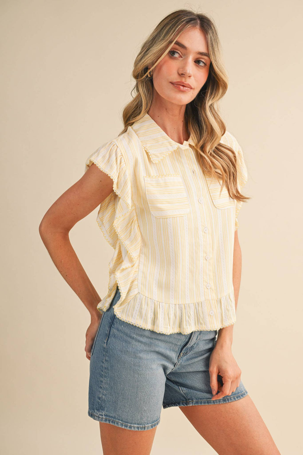 Lemon Stripe Button Down Top