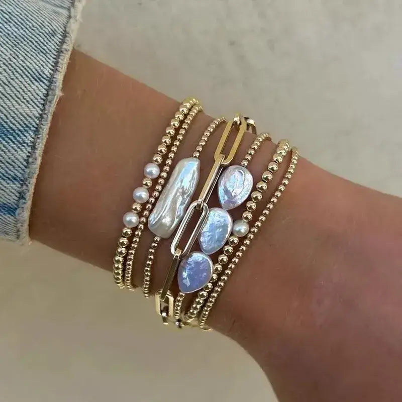 Long Pearl and Gold Beaded Bracelet