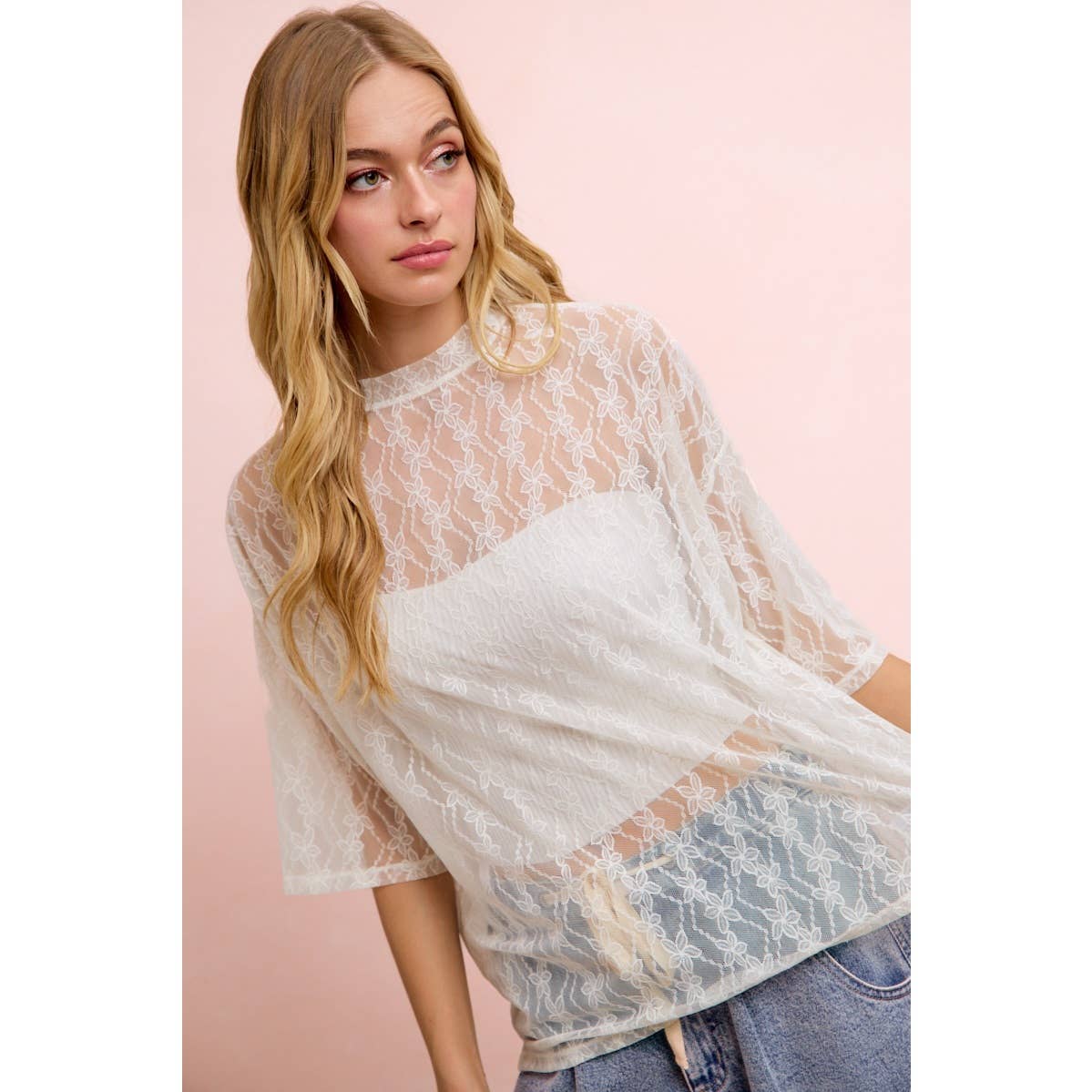 Cream Floral Boxy Mesh Top