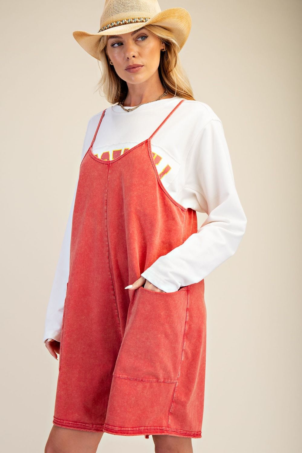 Boho Red Mineral Washed Romper