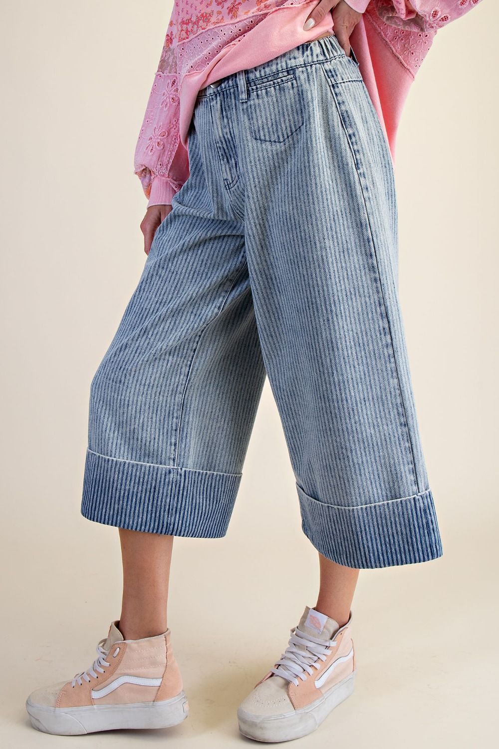 Washed Denim Striped Capri Pants
