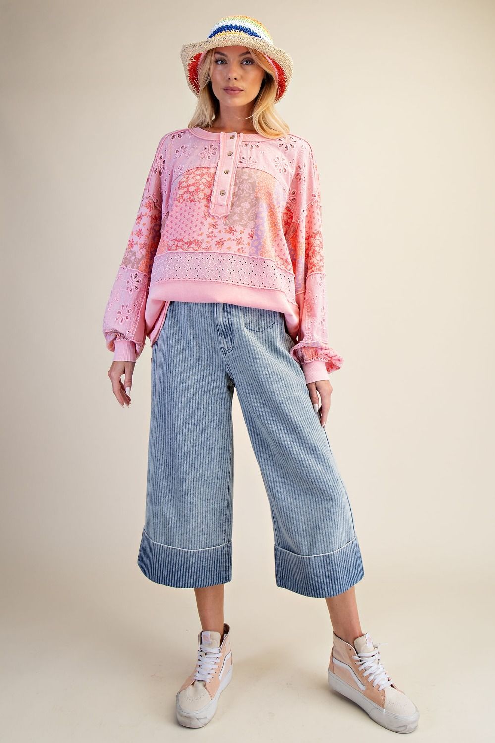 Washed Denim Striped Capri Pants