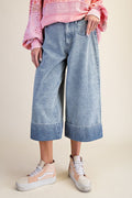 Washed Denim Striped Capri Pants