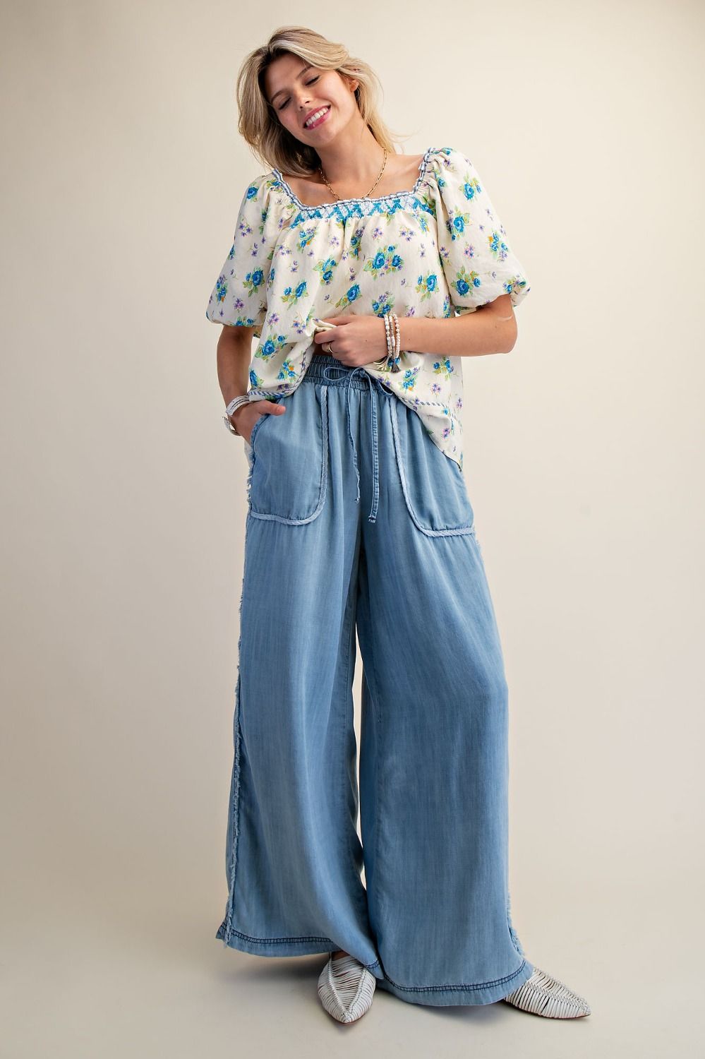Plus Washed Denim Palazzo Pants