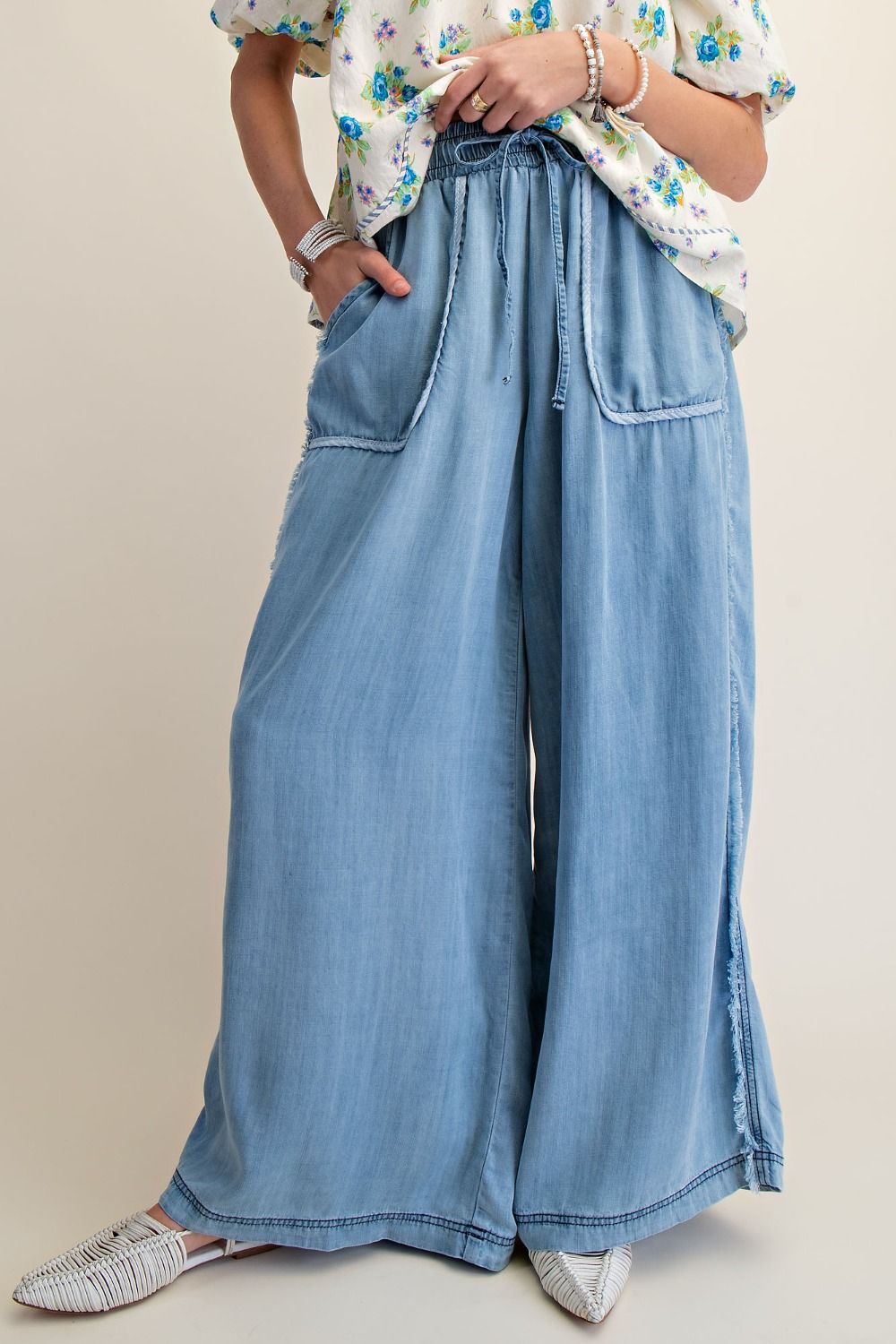Plus Washed Denim Palazzo Pants