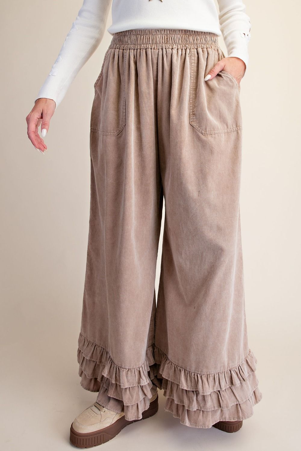Khaki Ruffle Bottom Corduroy Pants