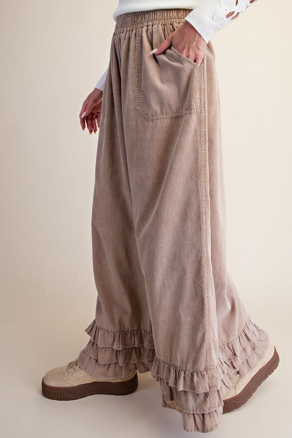 Khaki Ruffle Bottom Corduroy Pants