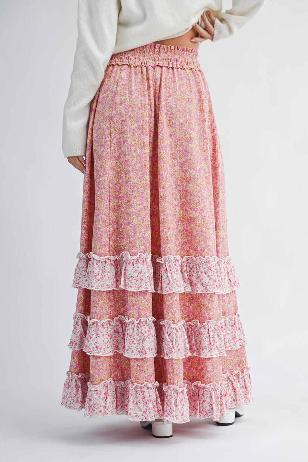 Pink Floral Ruffle Maxi Skirt