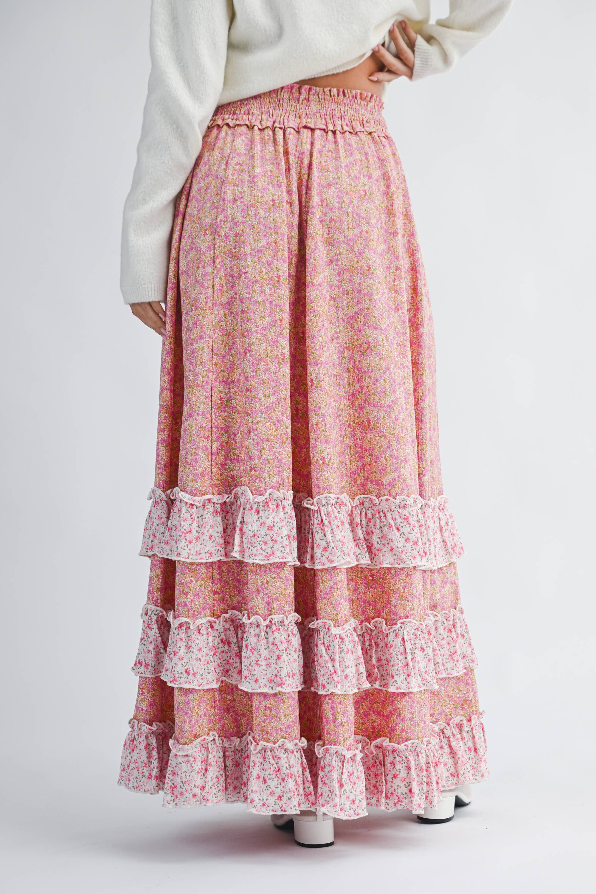 Pink Floral Ruffle Maxi Skirt
