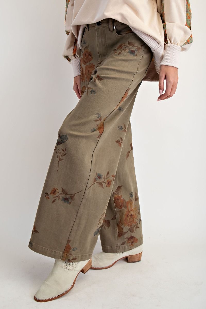 Olive Flower Print Pants