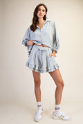 Denim Ruffle Bottom Stripe Shorts