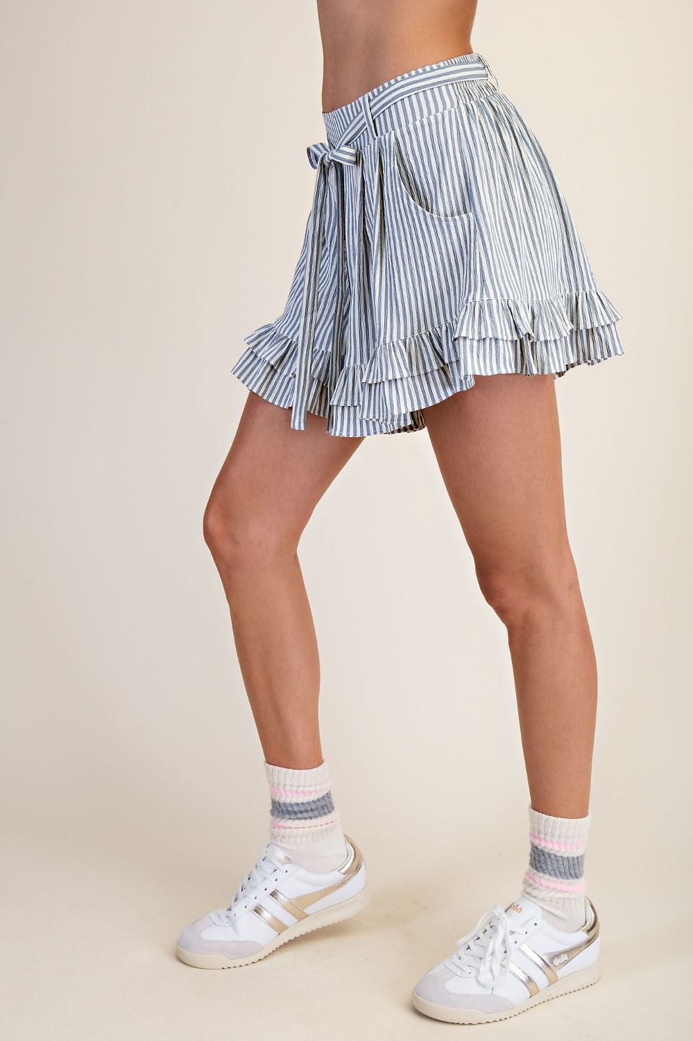 Denim Ruffle Bottom Stripe Shorts