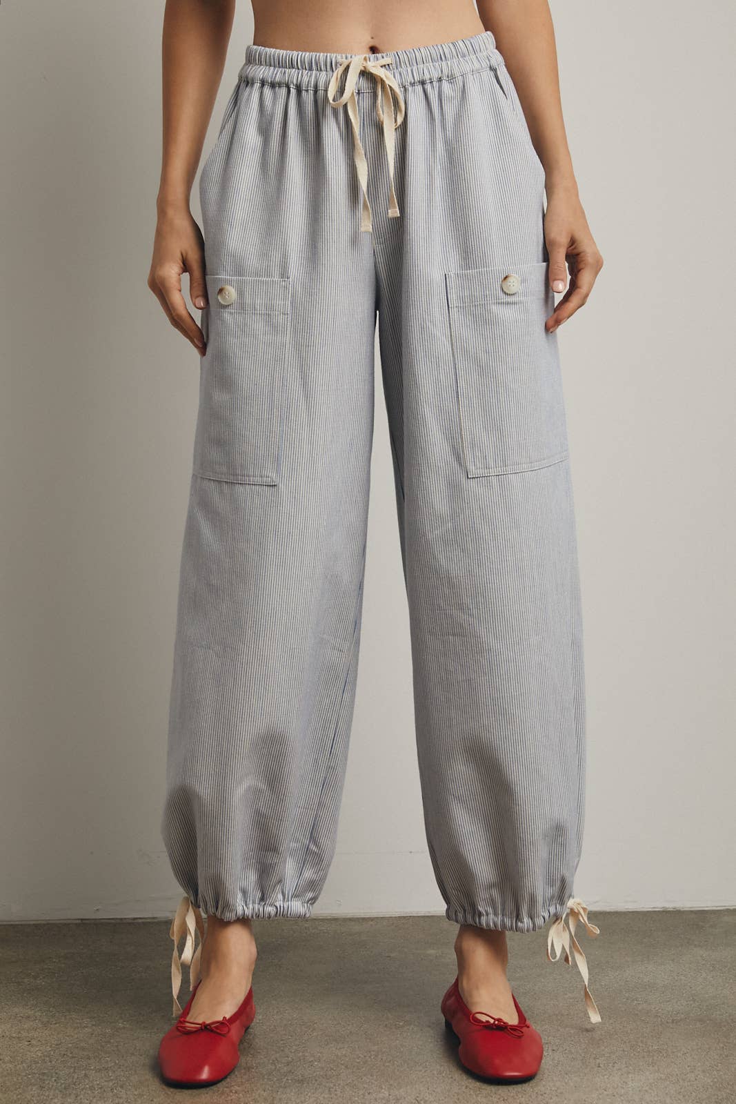 Black & Natural Striped Cargo Tie Hem Pants