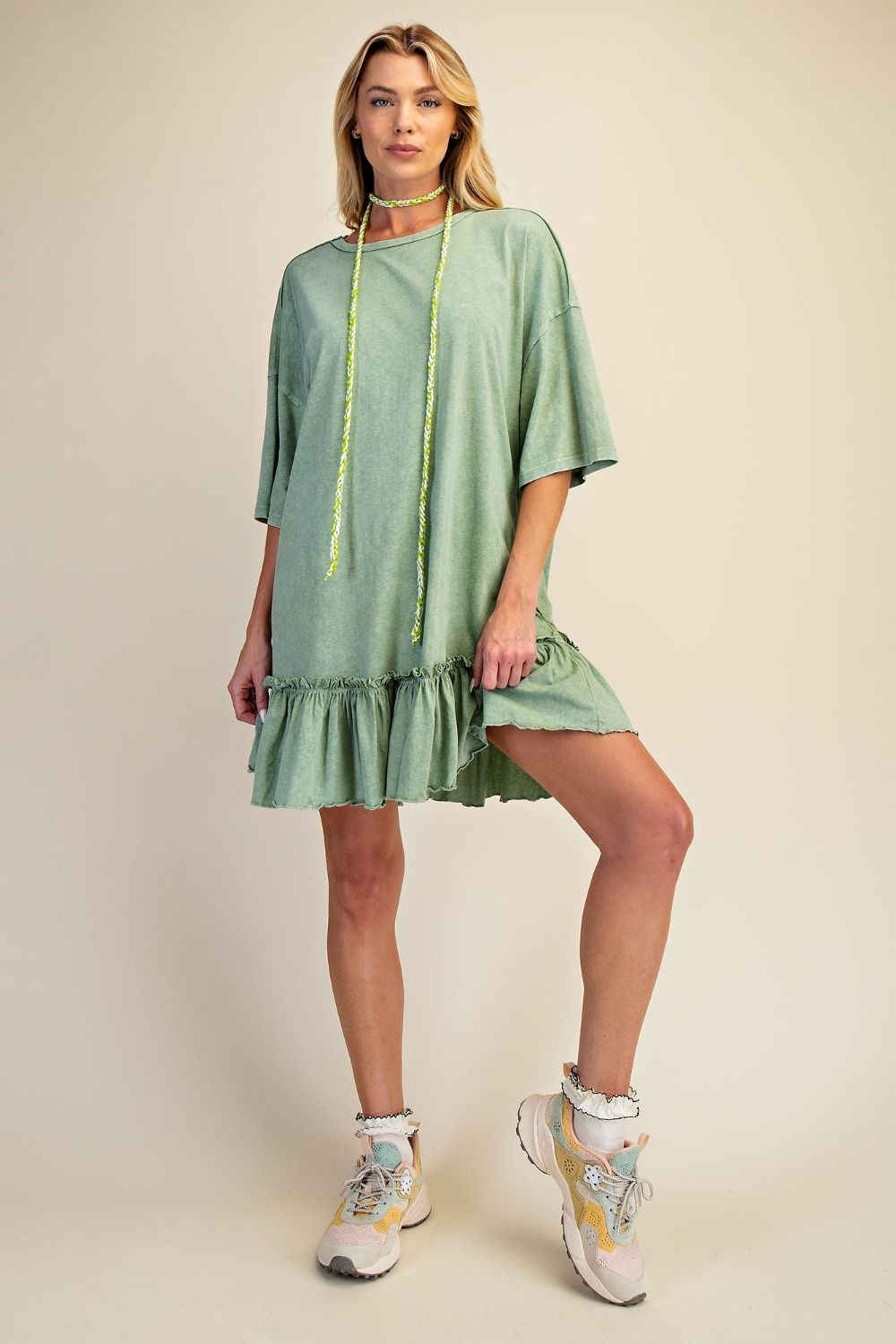 Plus Earth Sage Ruffle Bottom Tunic Dress
