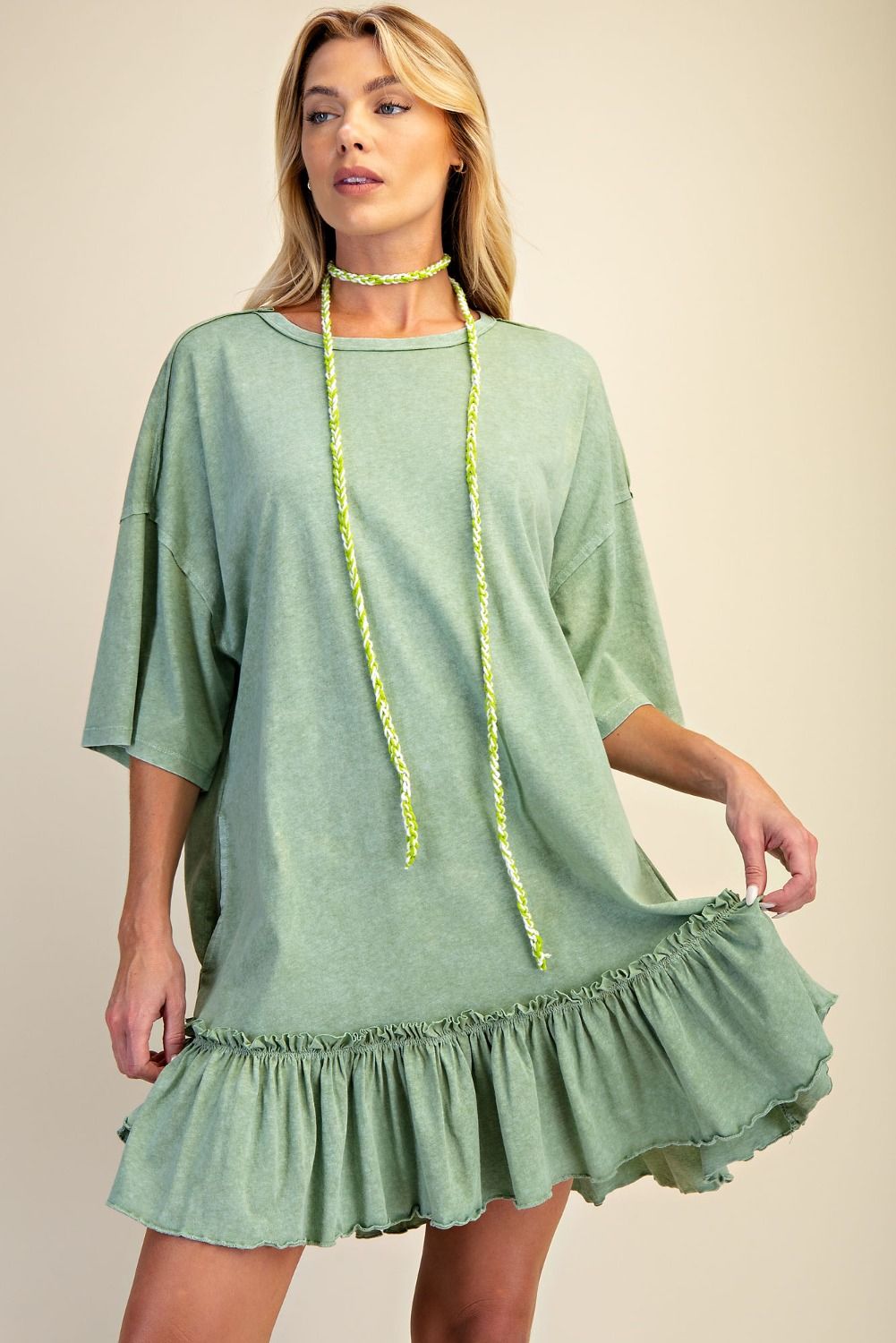 Earth Sage Ruffle Bottom Tunic Dress