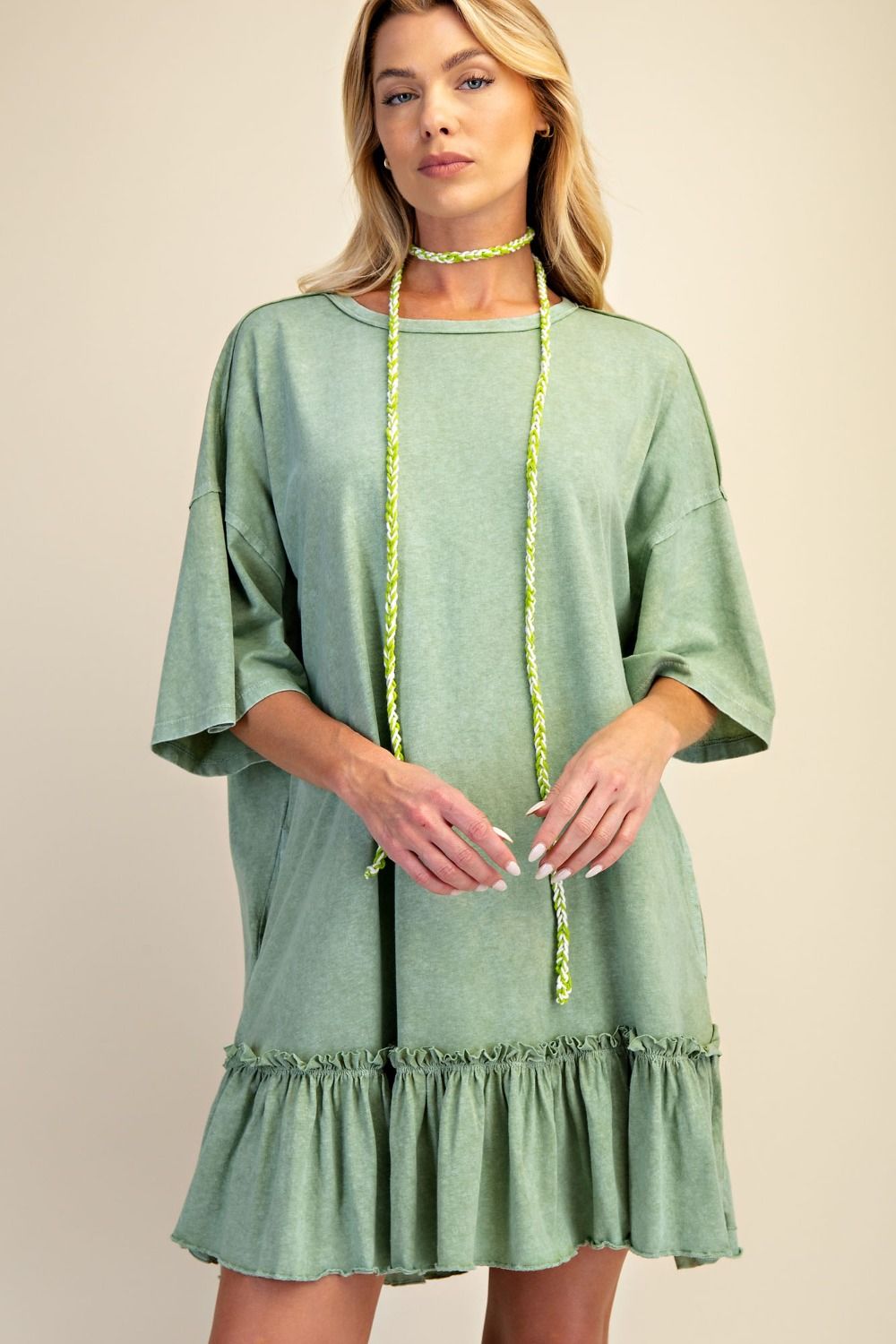 Plus Earth Sage Ruffle Bottom Tunic Dress