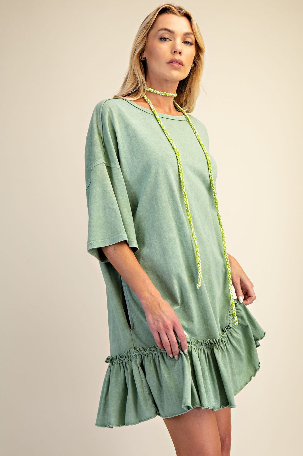 Plus Earth Sage Ruffle Bottom Tunic Dress