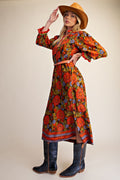 Camel Floral Printed Midi Dress