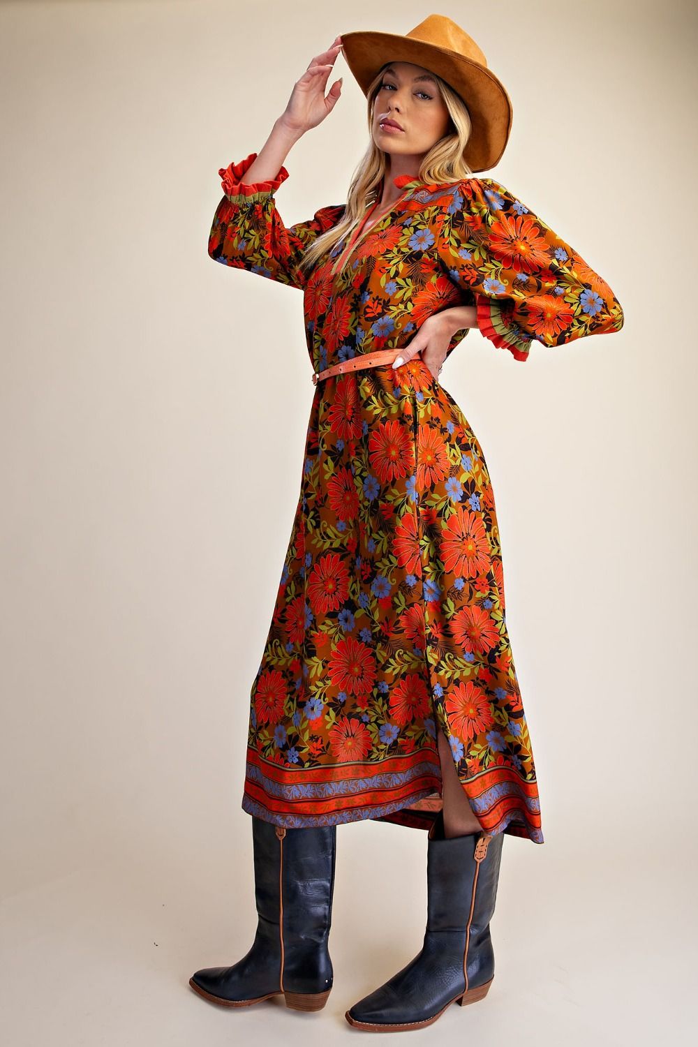 Camel Floral Printed Midi Dress