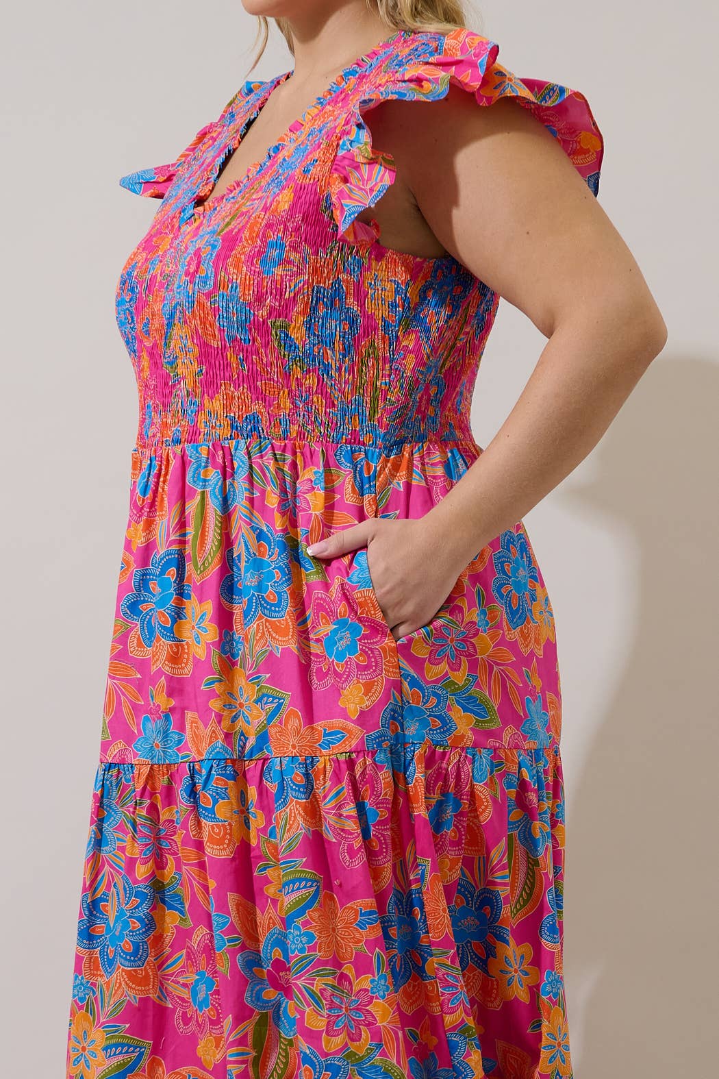 blue and orange floral dress Plus Blue Orange Sunfire Tiered Midi Dress – Rose & June
