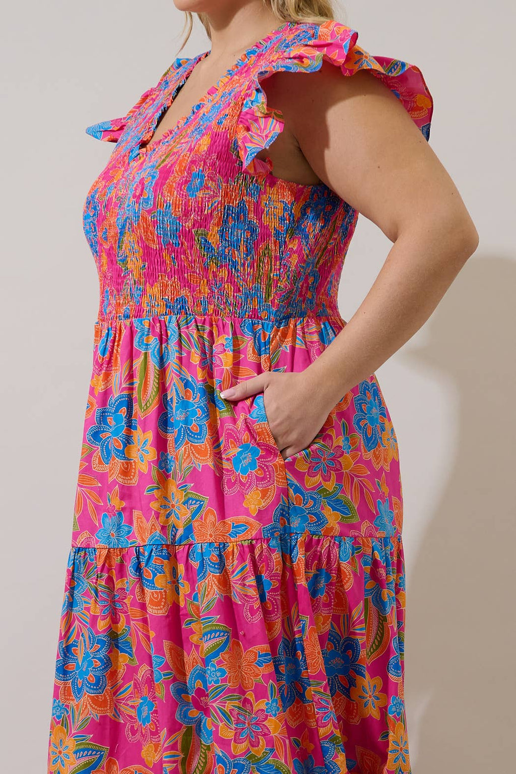 Plus Blue Orange Sunfire Tiered Midi Dress