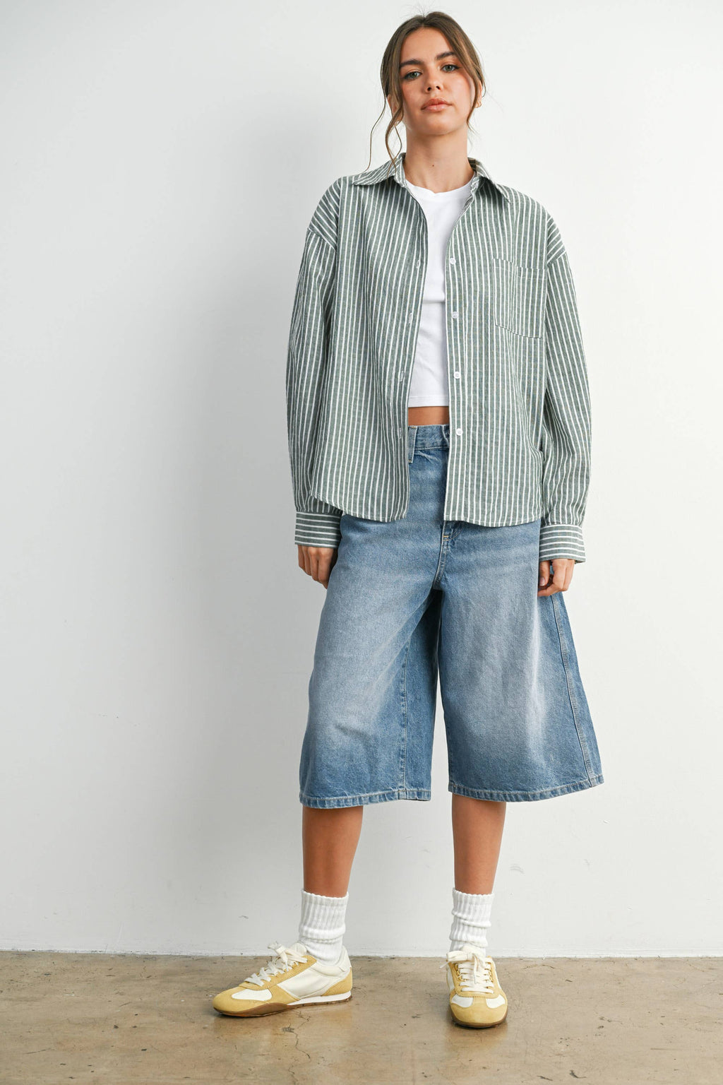 Green Striped Button-Up Top