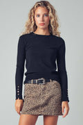 Black Button Cuff Slim Knit Long Sleeve