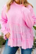 Plus Pink Tiered Ruffle Ribbed Crew Neck Pullover