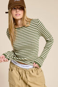 Pine Ribbed Knit Striped Long Sleeve Top