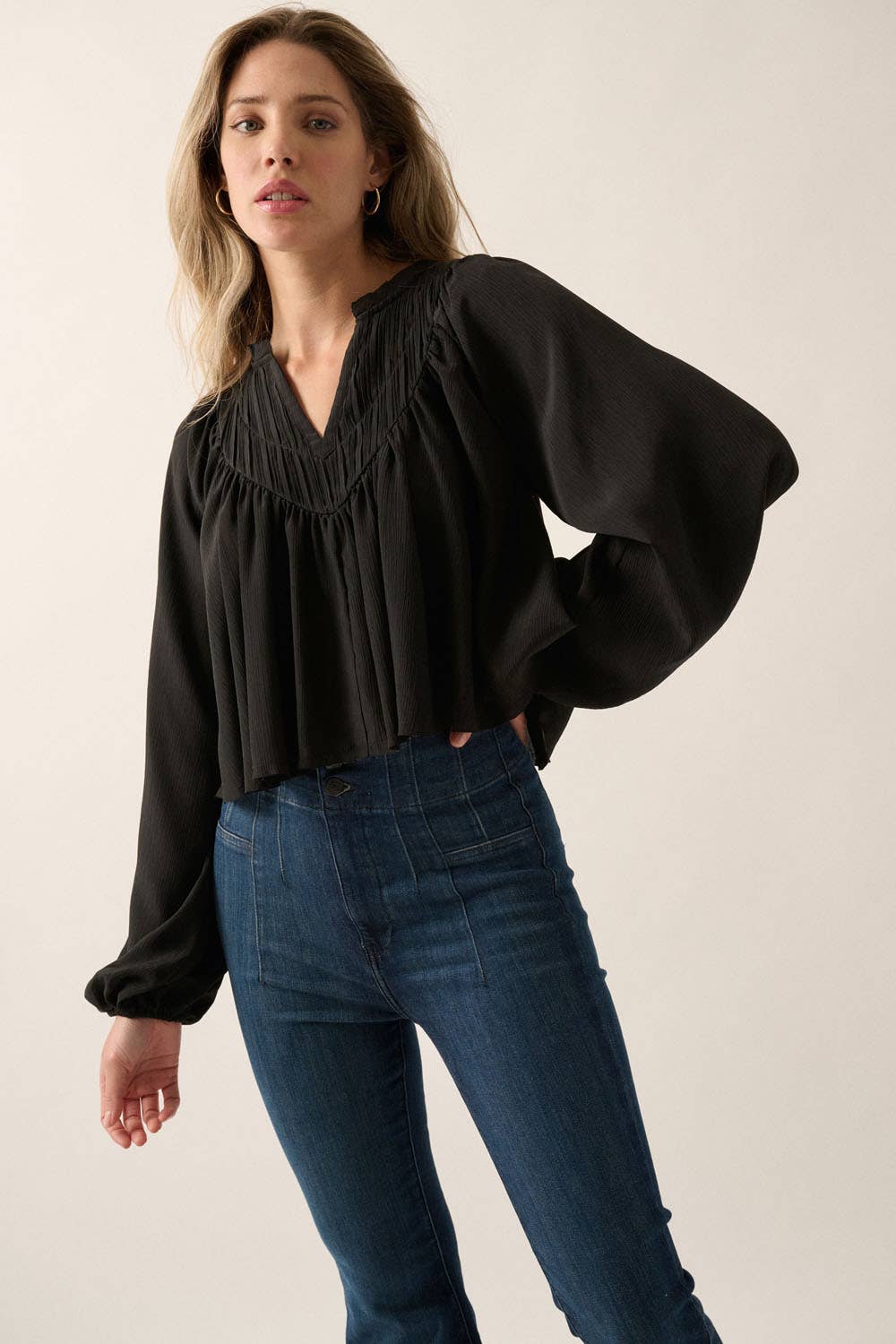 Black Crepe Pleated Yoke Peasant Top
