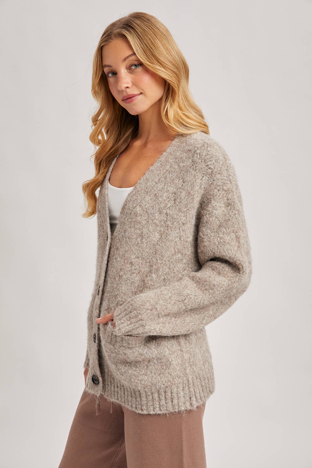 Latte Button Down Knit Sweater Cardigan
