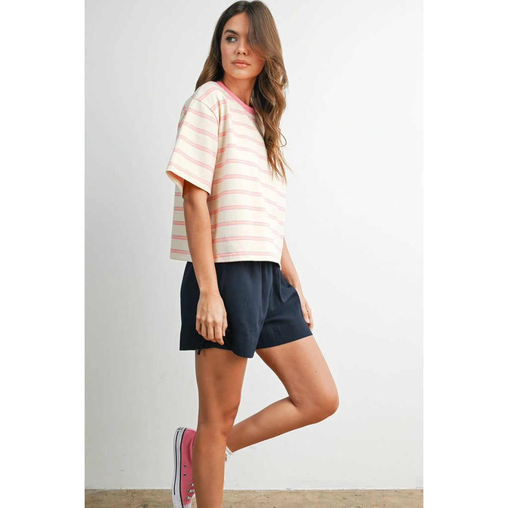 Ivory & Pink Striped Boxy Cropped T-Shirt