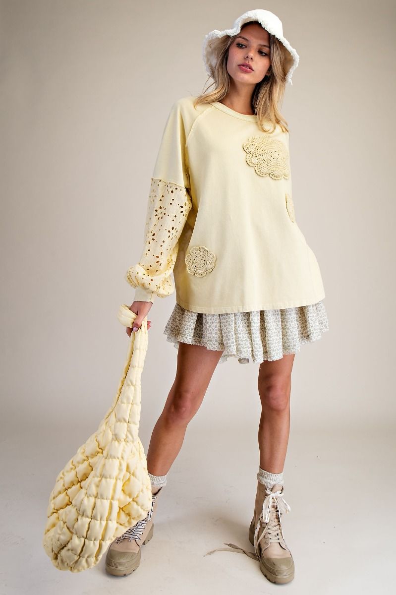 Straw Eyelet Lace Terry Pullover