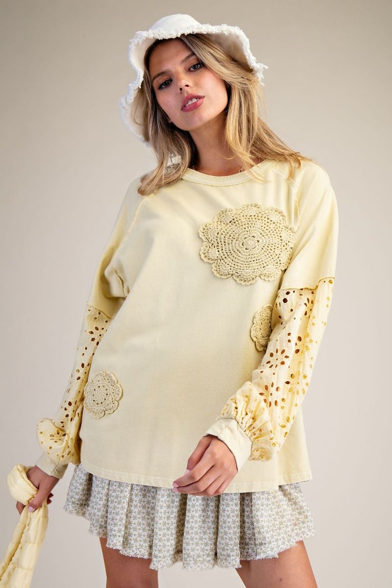 Straw Eyelet Lace Terry Pullover