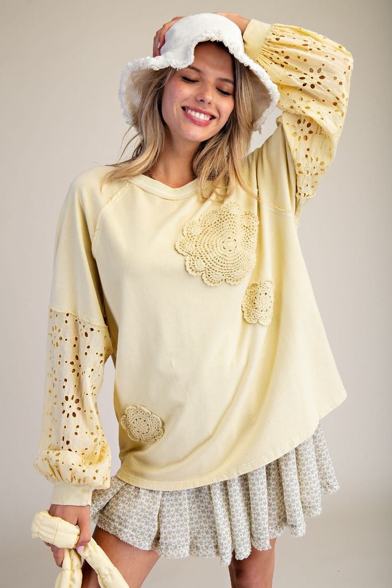 Straw Eyelet Lace Terry Pullover