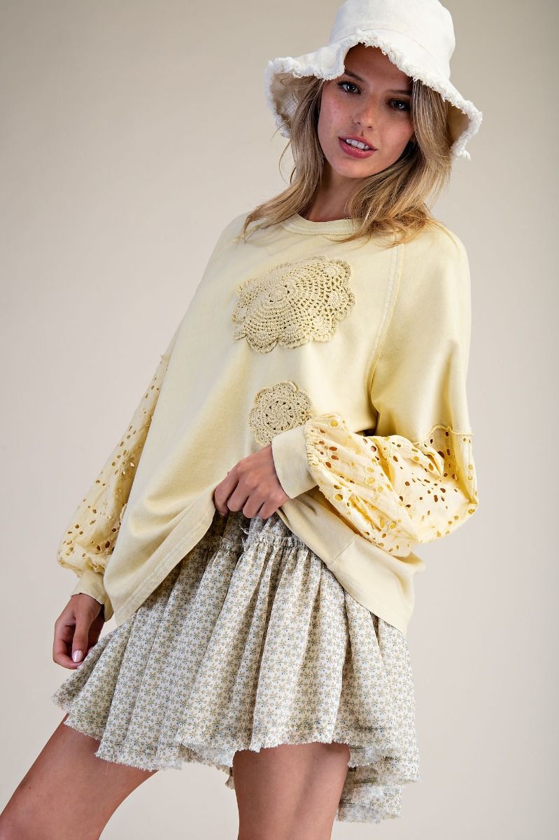 Straw Eyelet Lace Terry Pullover