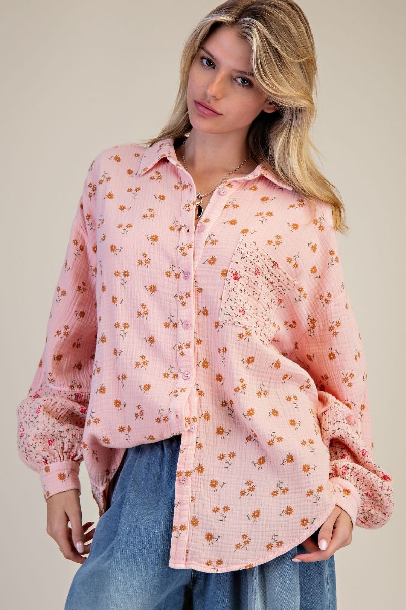 Plus Faded Coral Floral Cotton Gauze Shirt