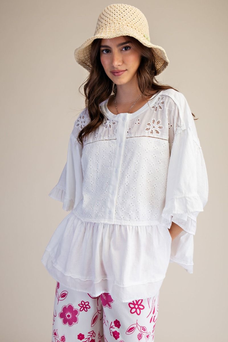 Plus White Eyelet Lace Slub Top