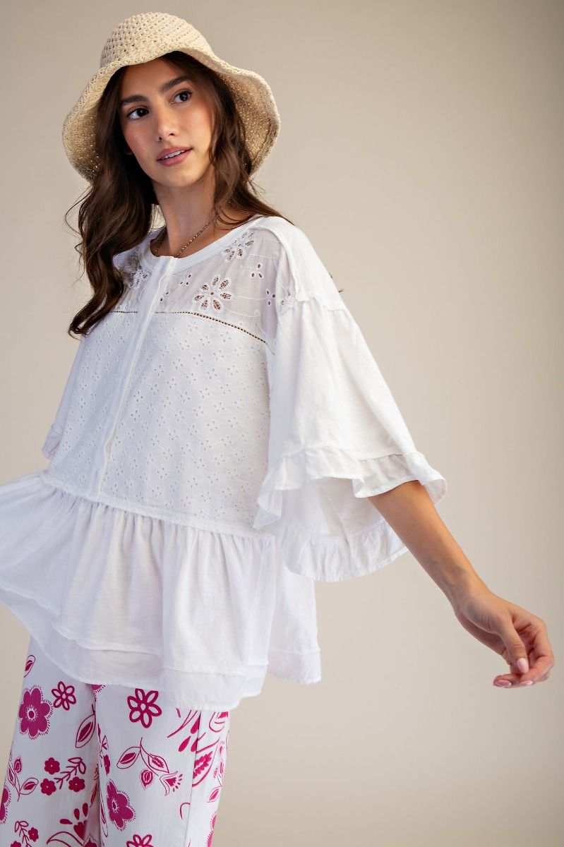 Plus White Eyelet Lace Slub Top