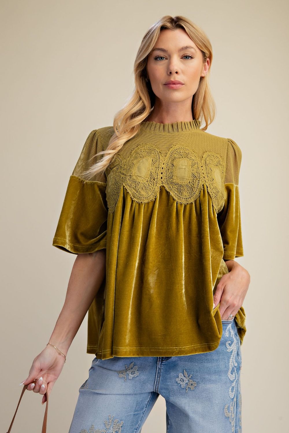 Matcha Crochet & Velvet Top