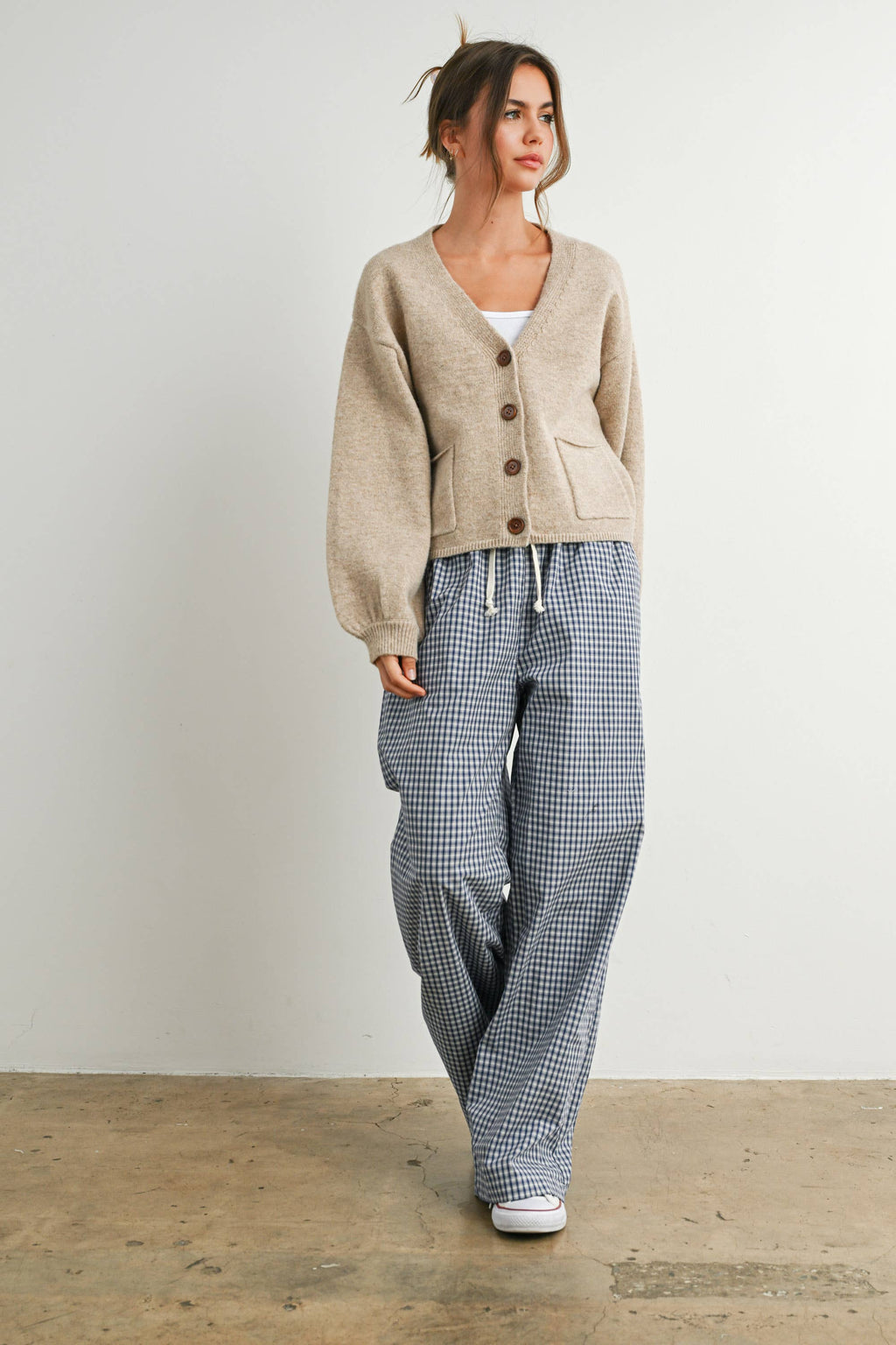 Taupe V-Neck Cuff Button-Up Top