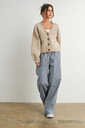 Taupe V-Neck Cuff Button-Up Top
