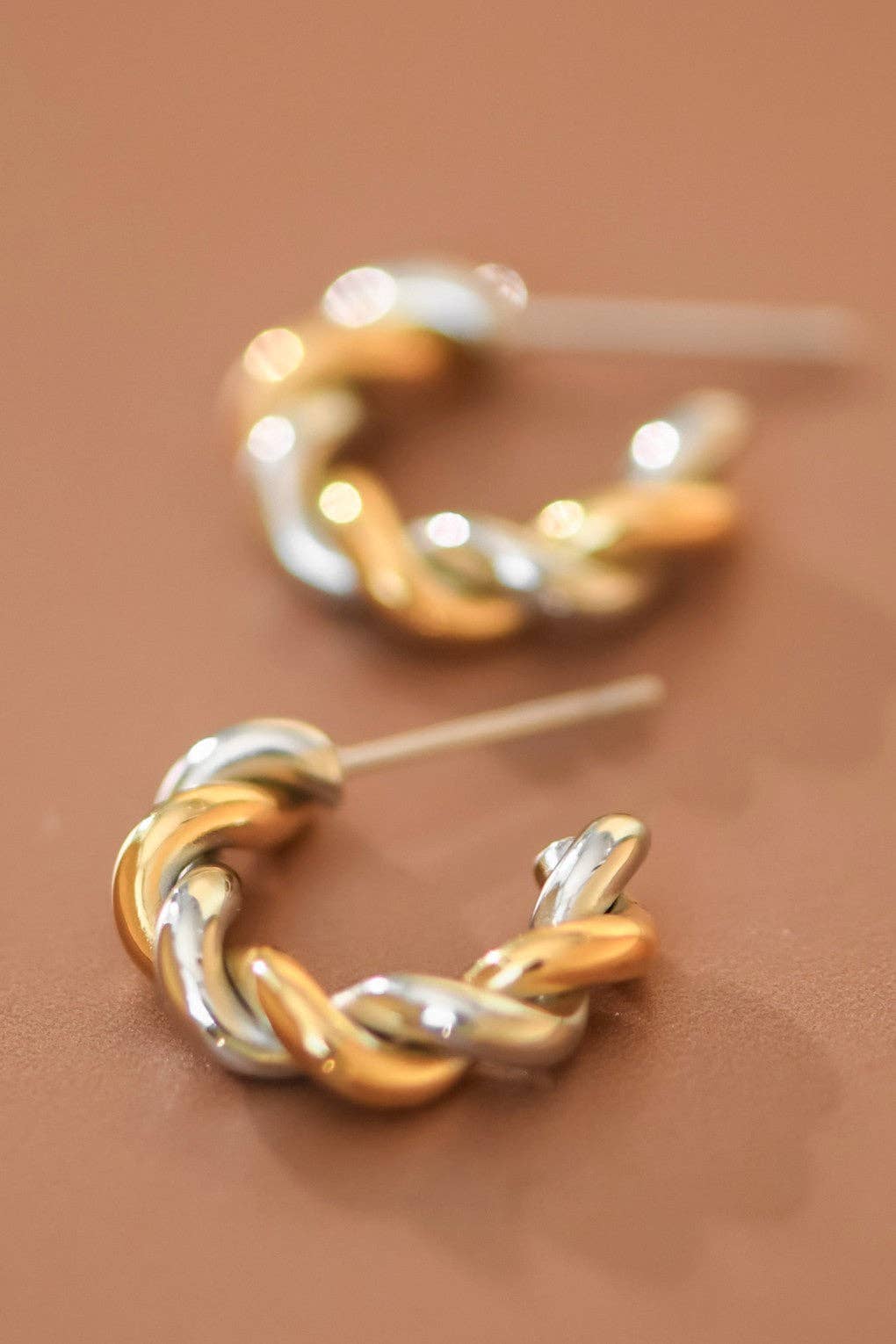 Gold Two Tone Twist Stainless Steel Hoop Earrings