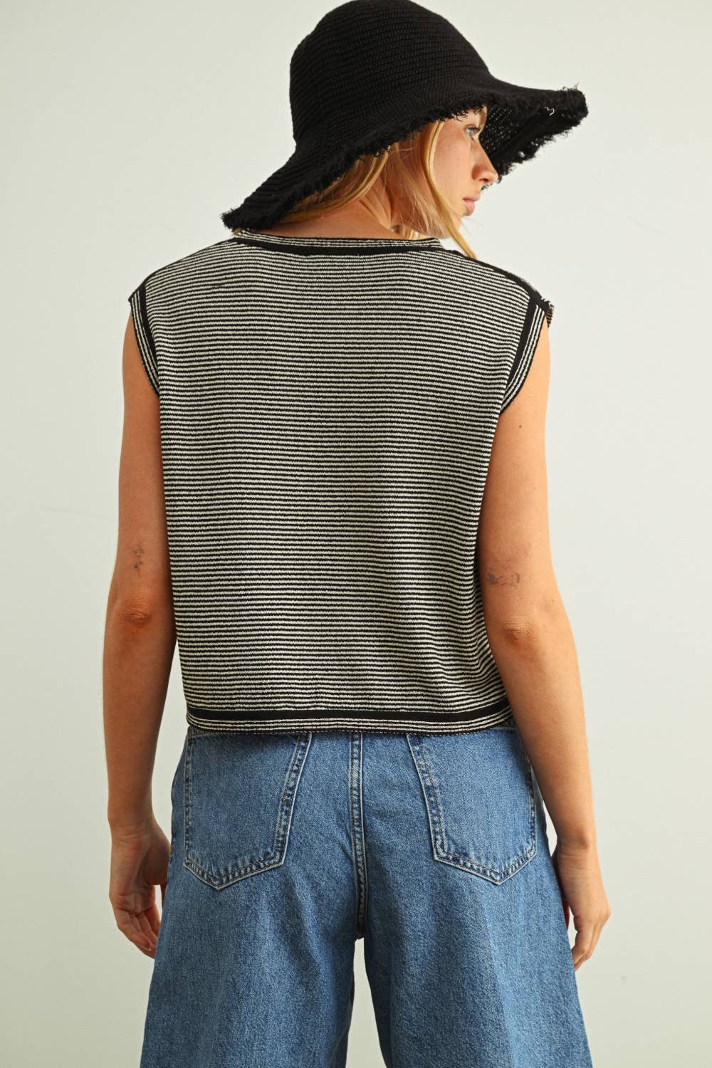 Black Pinstriped Sleeveless Knit Top