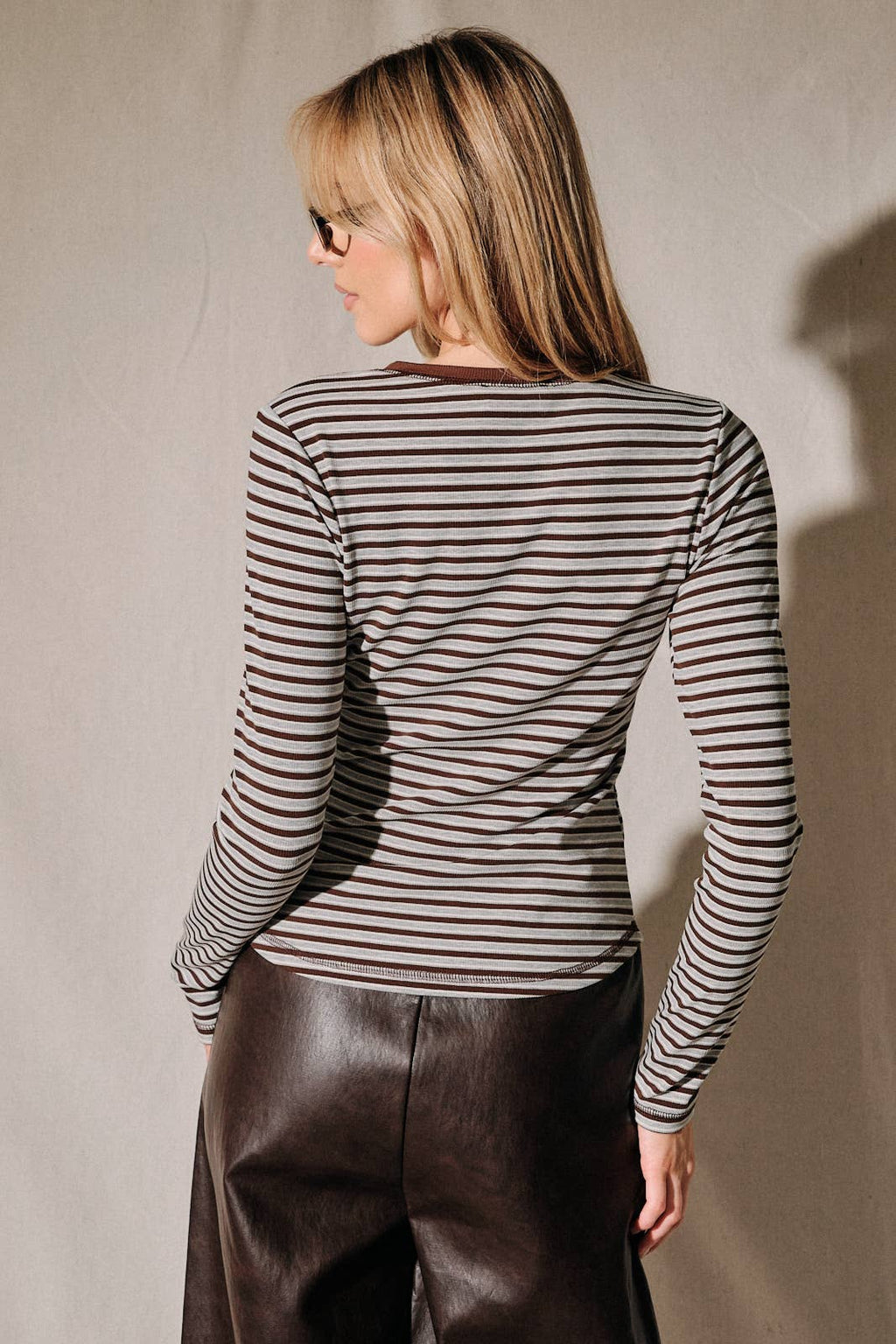 Striped Contrast Trim Henley Long Sleeve Top