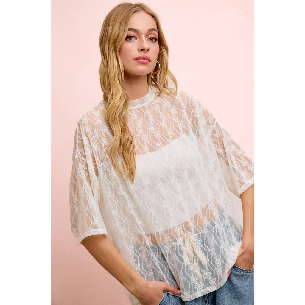 Cream Floral Boxy Mesh Top