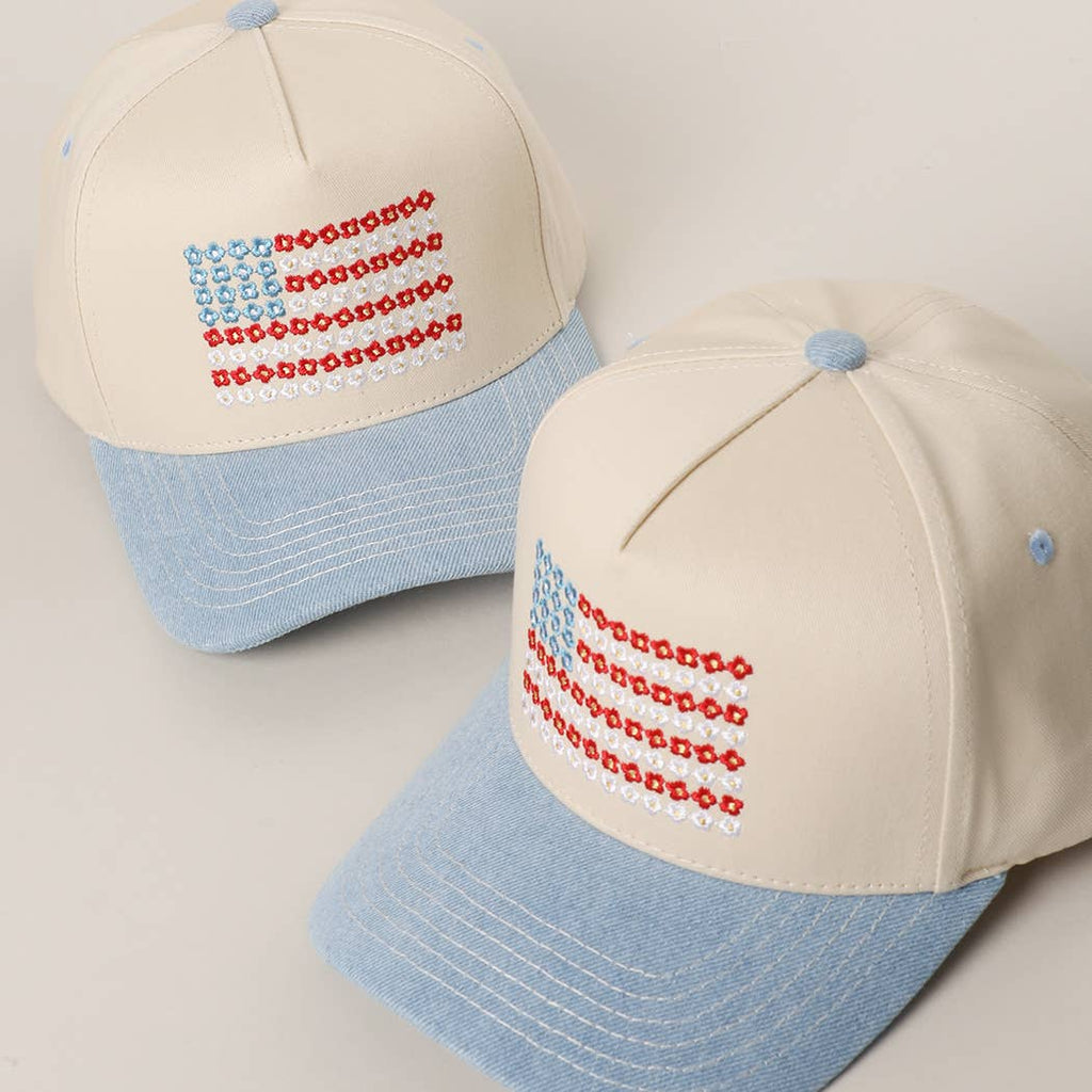 Two Tone Denim Floral American Flag Embroidered Trucker Hat