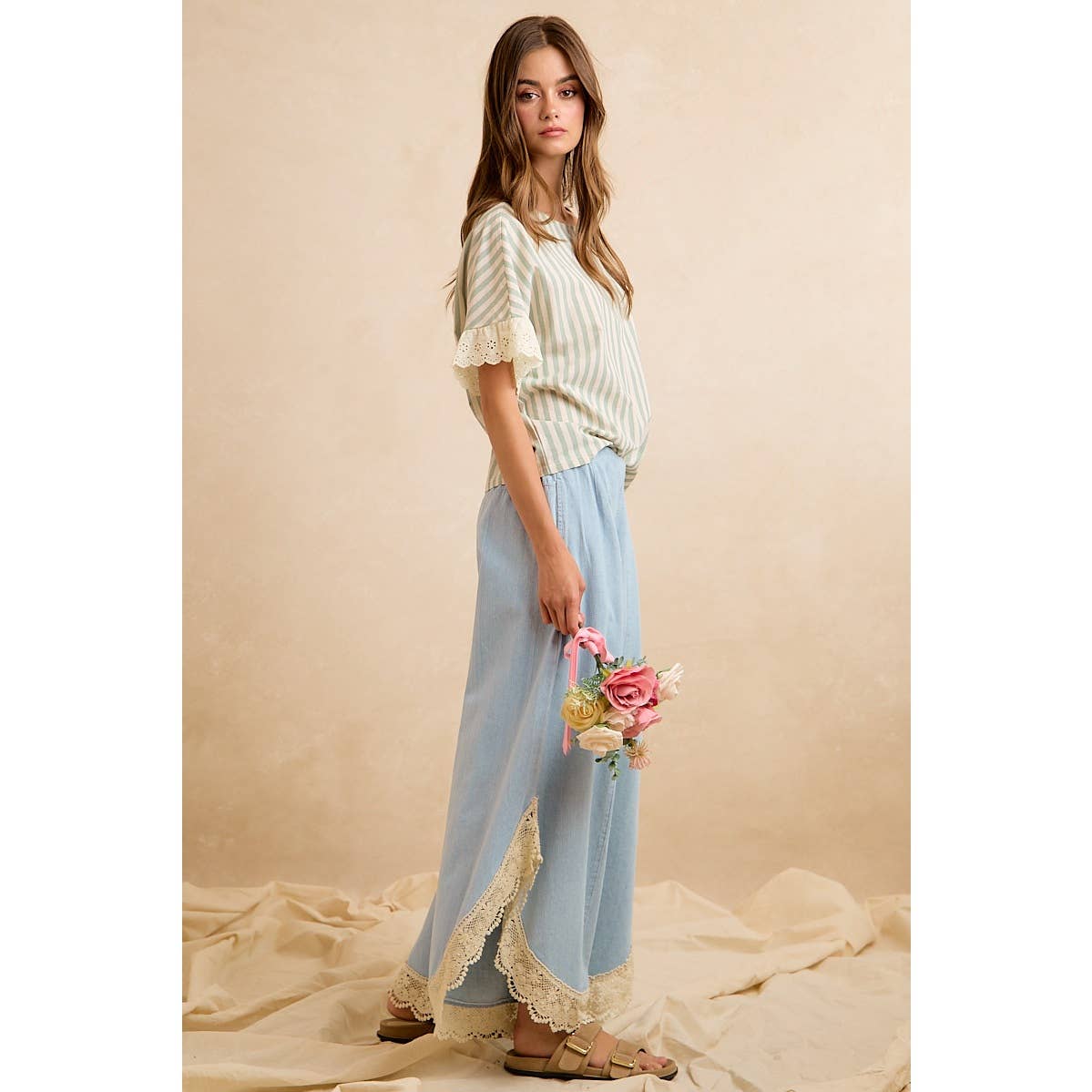 Denim Wide Leg Lace Tulip Hem Jeans